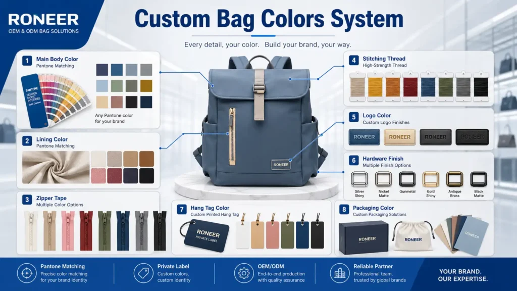 Custom bag colors system including body color lining zipper tape stitching logo hardware and packaging color