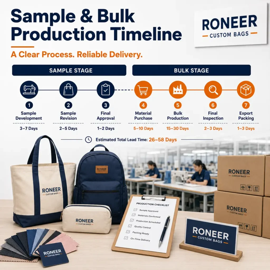 Custom bag lead time quality control export packing and on time shipment planning