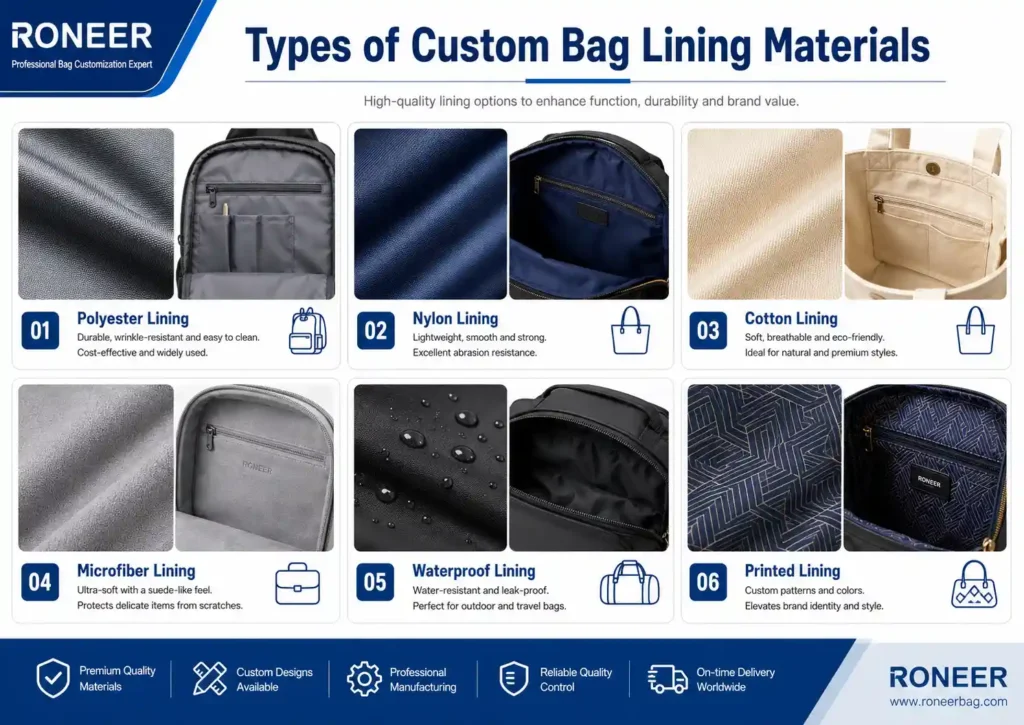 Custom bag lining by product type for handbags backpacks tote bags cosmetic bags travel bags and wallets