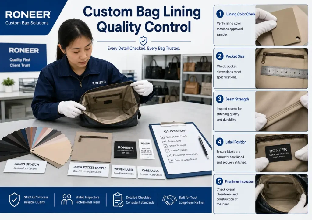 Custom bag lining quality control checking lining color pocket size seam strength and label position
