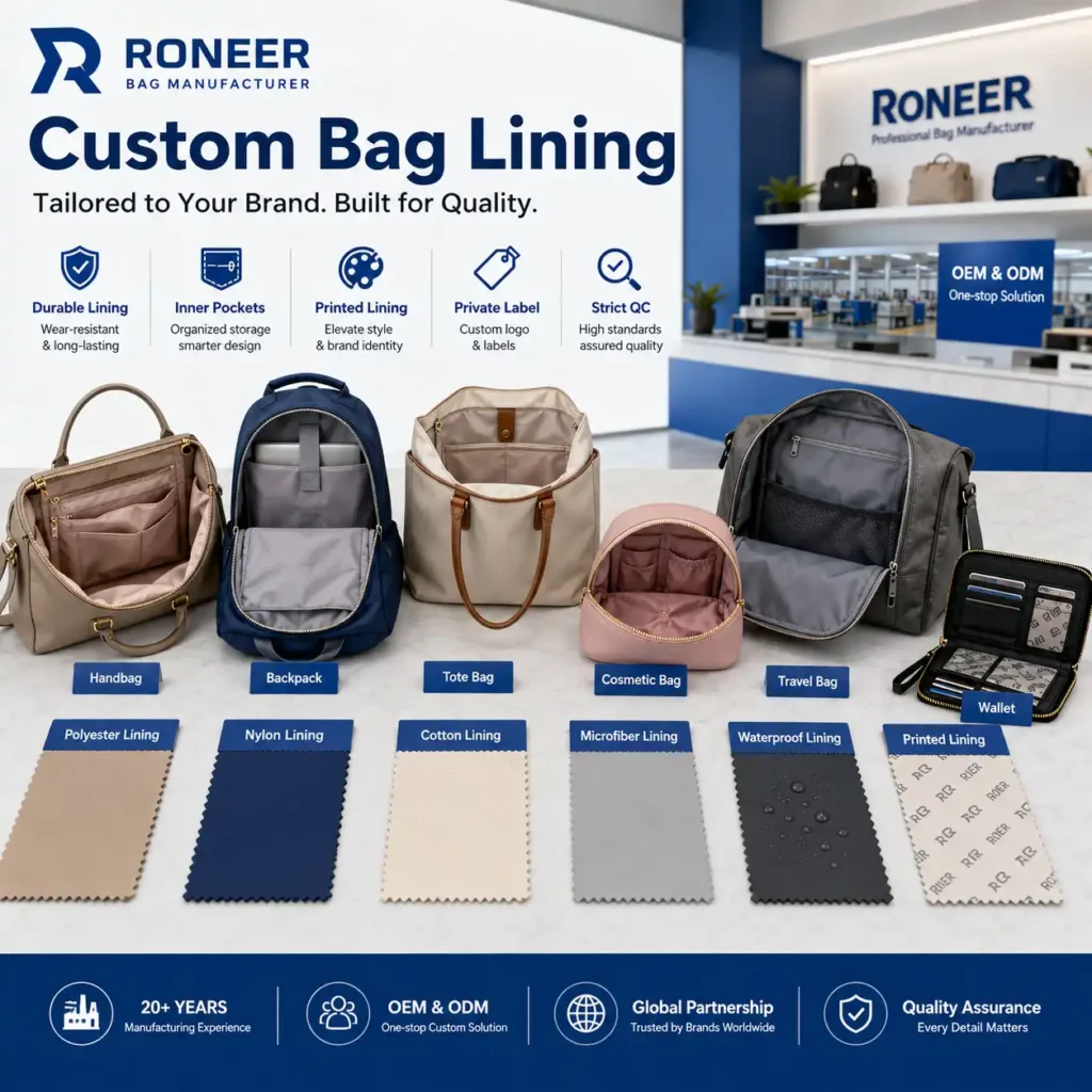 Custom bag lining showing polyester nylon cotton microfiber waterproof and printed lining options