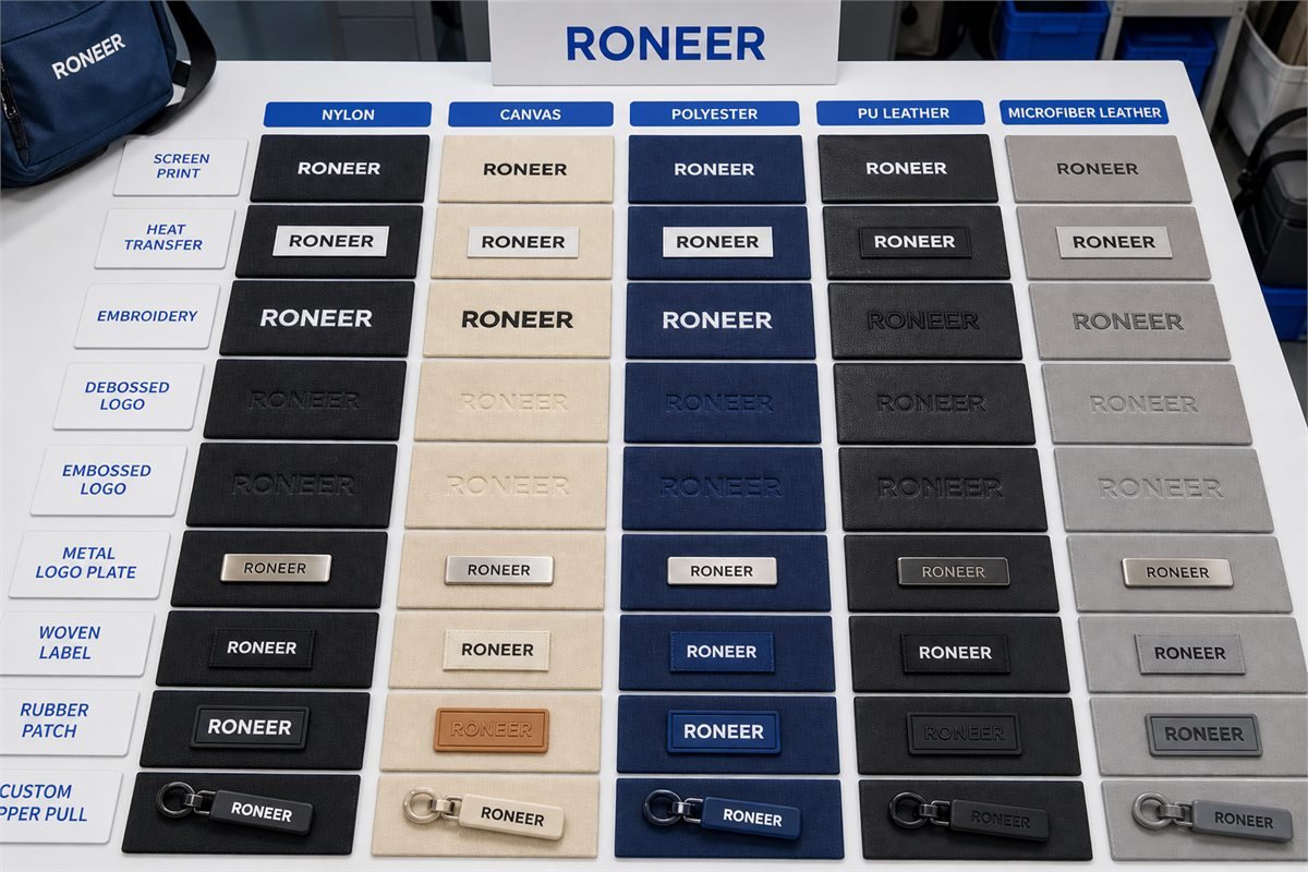 custom bag logo options compared across bag materials