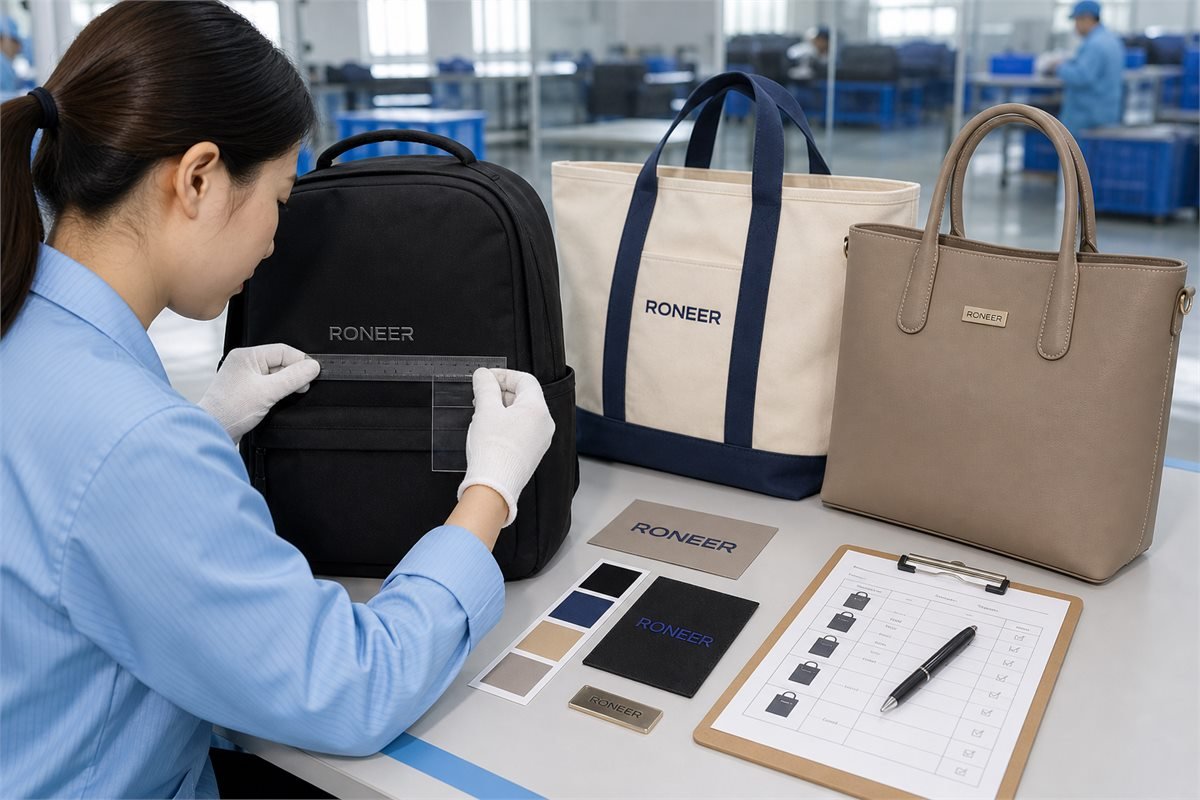 custom bag logo sample placement and quality control inspection