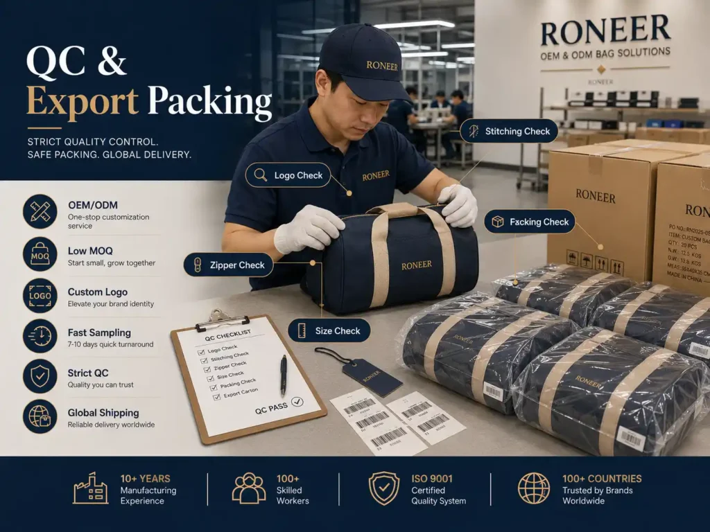 Custom bag MOQ quality control and export packing inspection for small batch custom bags