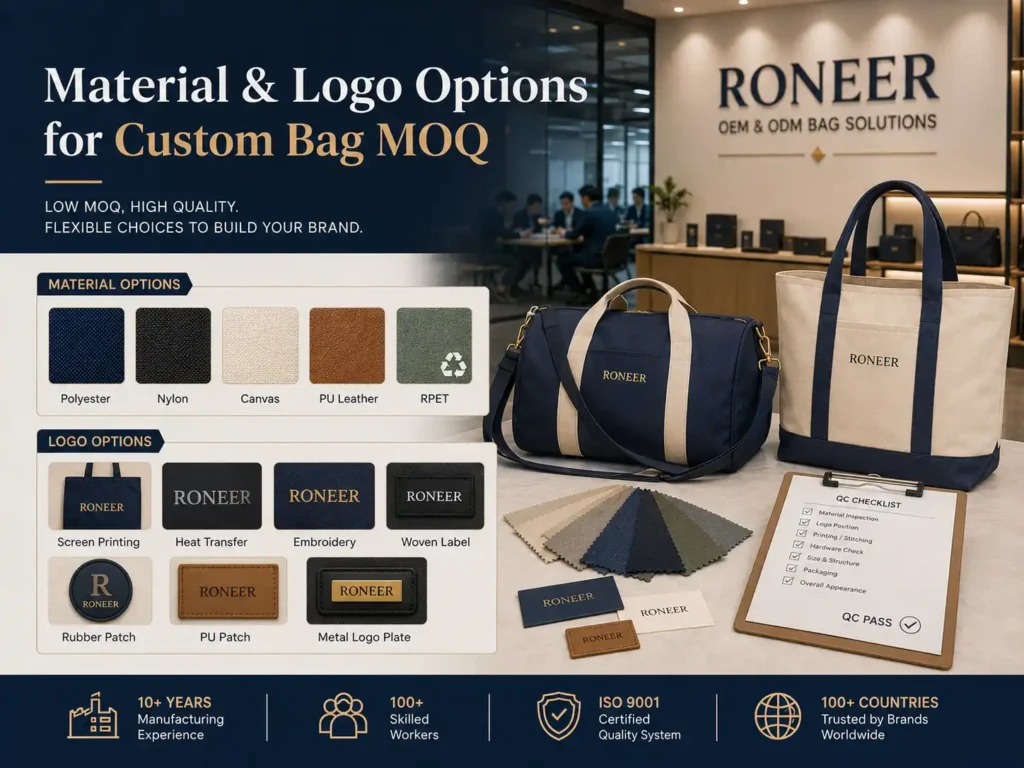 Custom bag MOQ material and logo options with polyester nylon canvas PU leather and woven labels