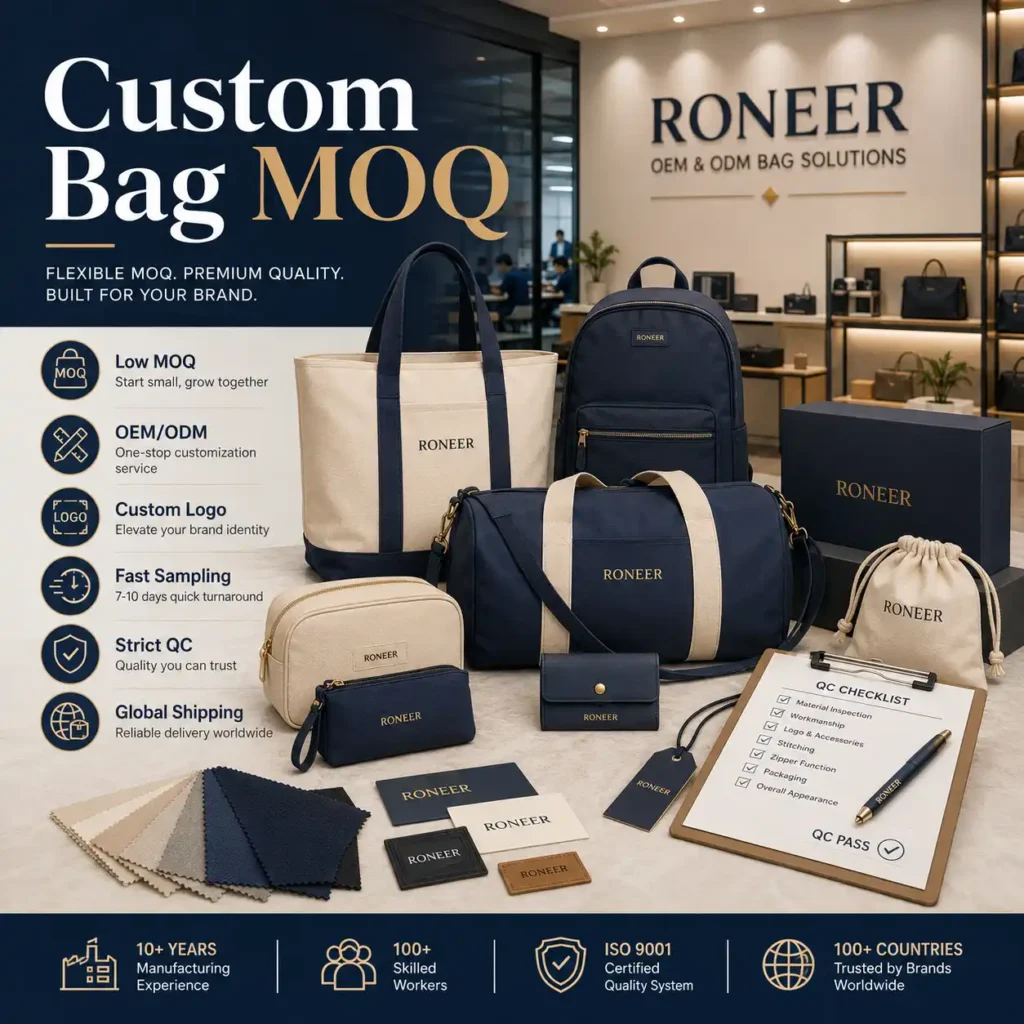 Custom bag MOQ guide showing low MOQ custom bags with OEM ODM service and QC support