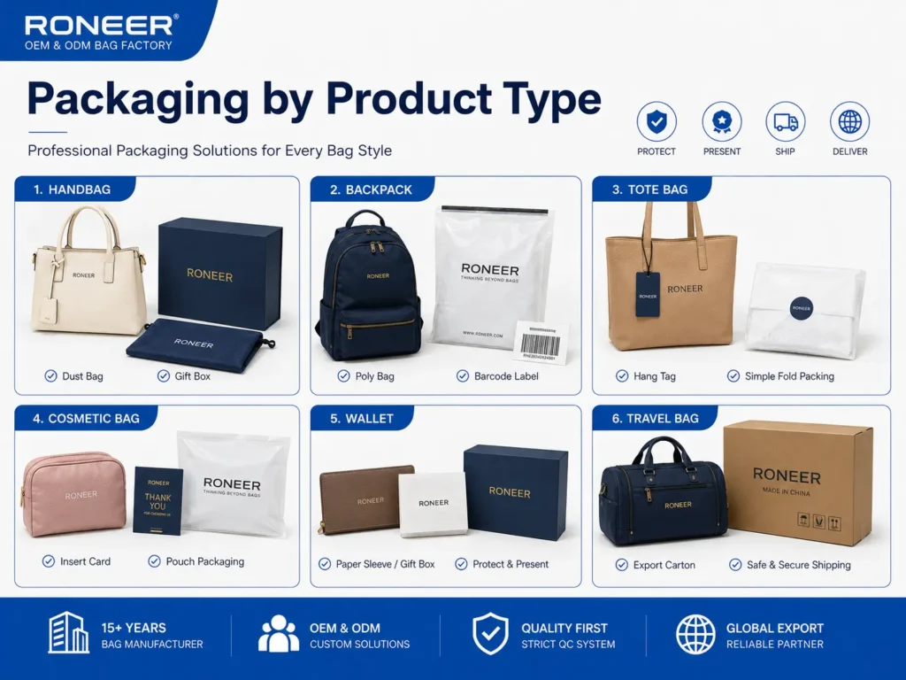 Custom bag packaging ideas by product type for handbags backpacks tote bags cosmetic bags wallets and travel bags