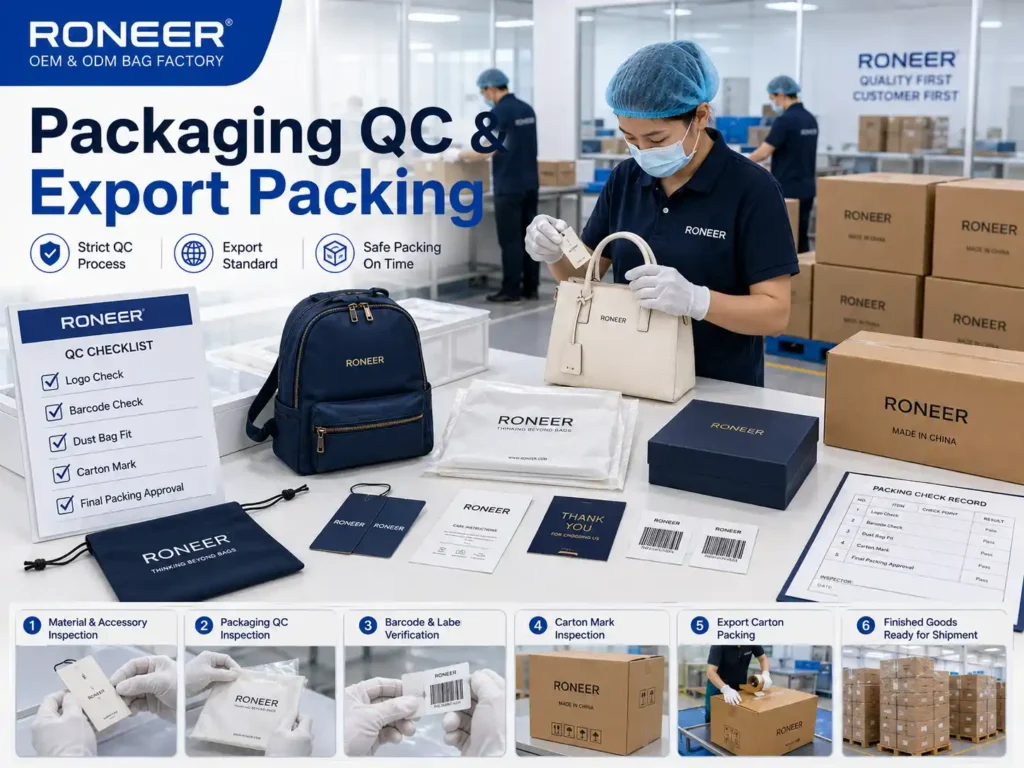 Custom bag packaging quality control checking logos barcode labels dust bags cartons and final packing