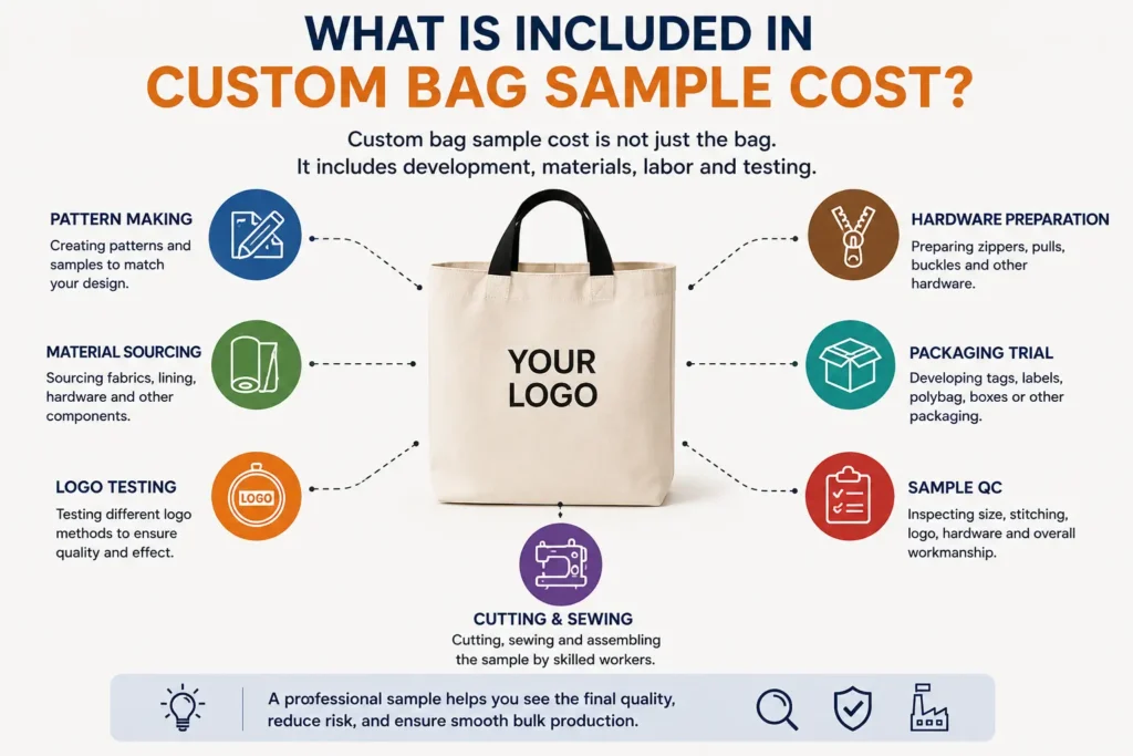 Custom bag sample cost breakdown including pattern making material sourcing logo testing and QC