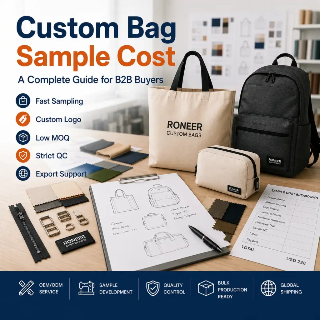 Custom bag sample cost guide showing OEM ODM sample development with materials logo and QC checklist