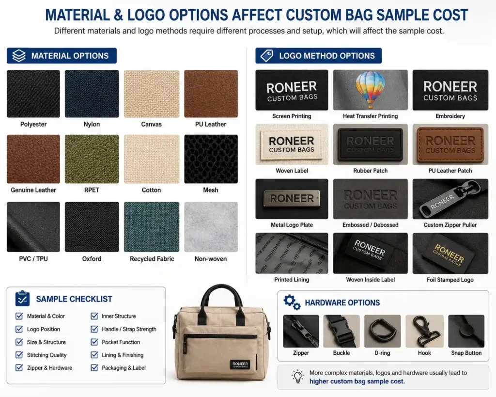 Custom bag sample cost affected by material selection and logo testing options