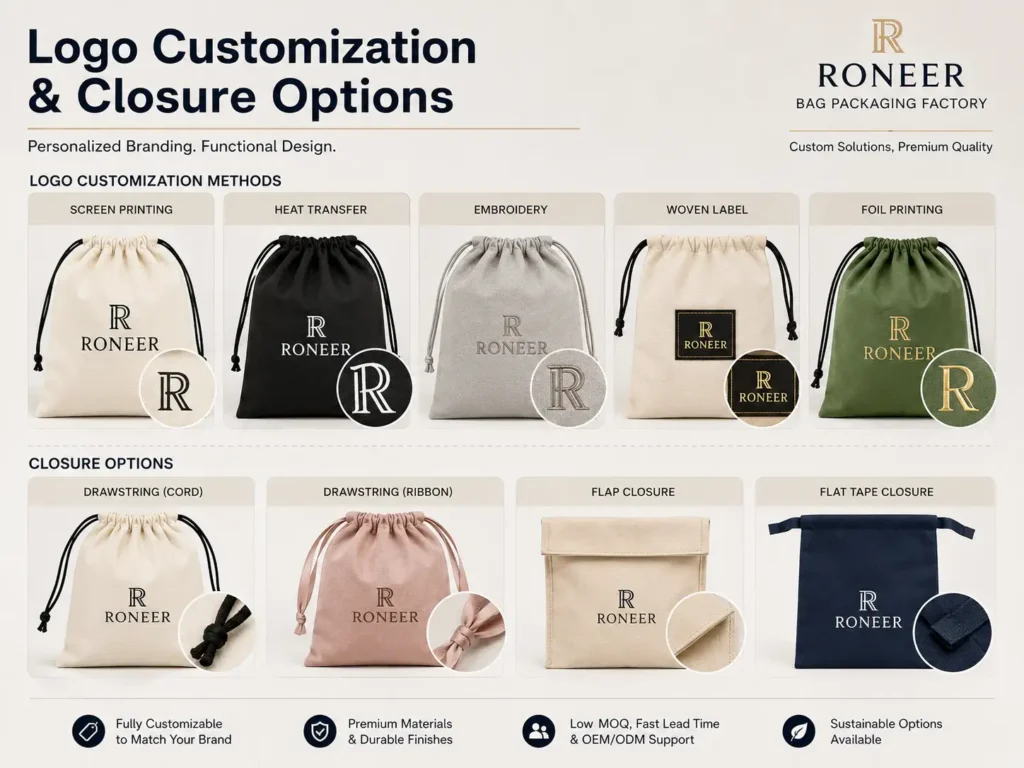 Custom dust bag packaging logo methods and closures including screen printing heat transfer embroidery woven label and drawstring