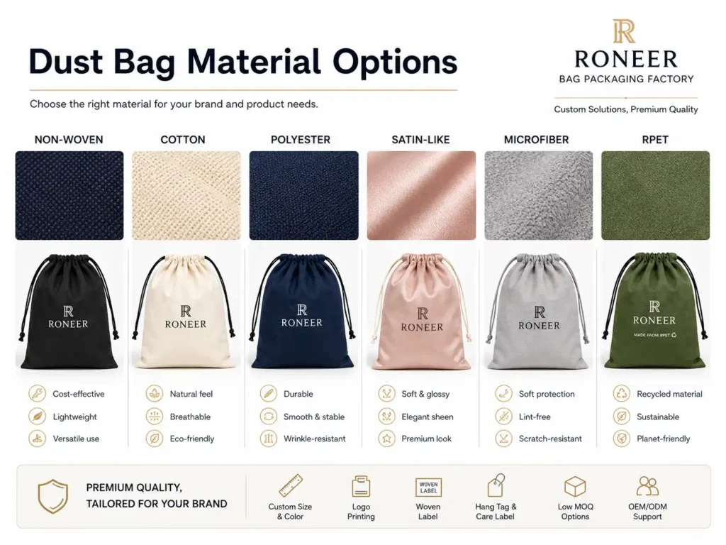 Custom dust bag packaging by product type for handbags wallets cosmetic bags travel bags tote bags and pouches