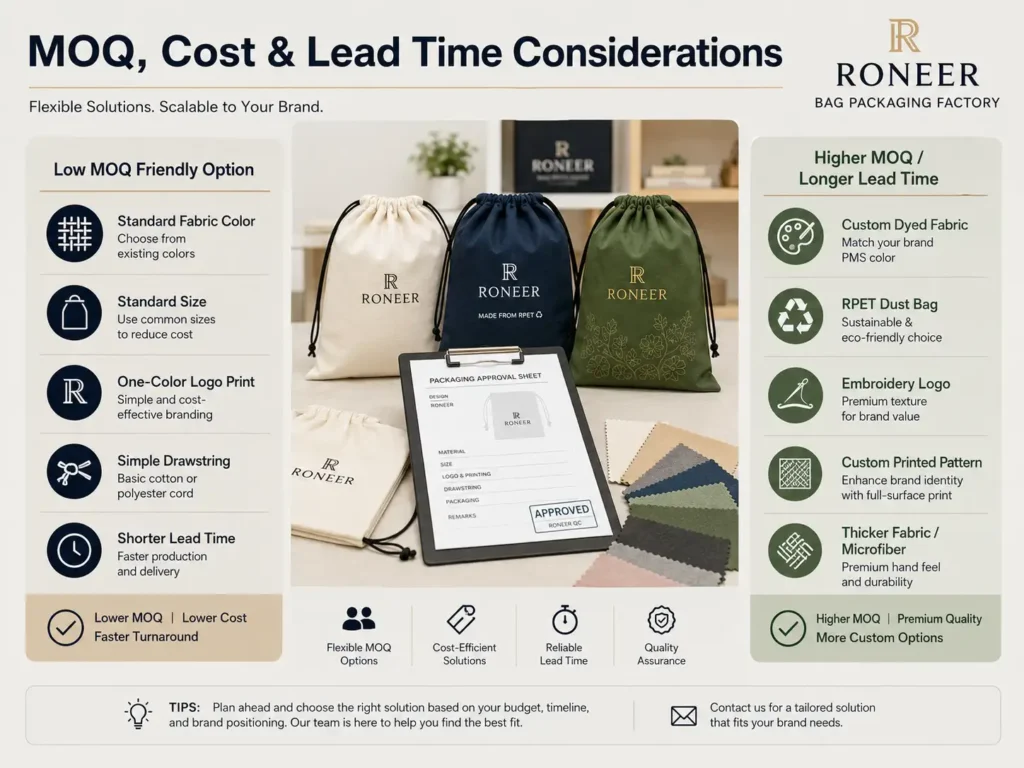How custom dust bag packaging affects MOQ cost and lead time for OEM ODM bag production