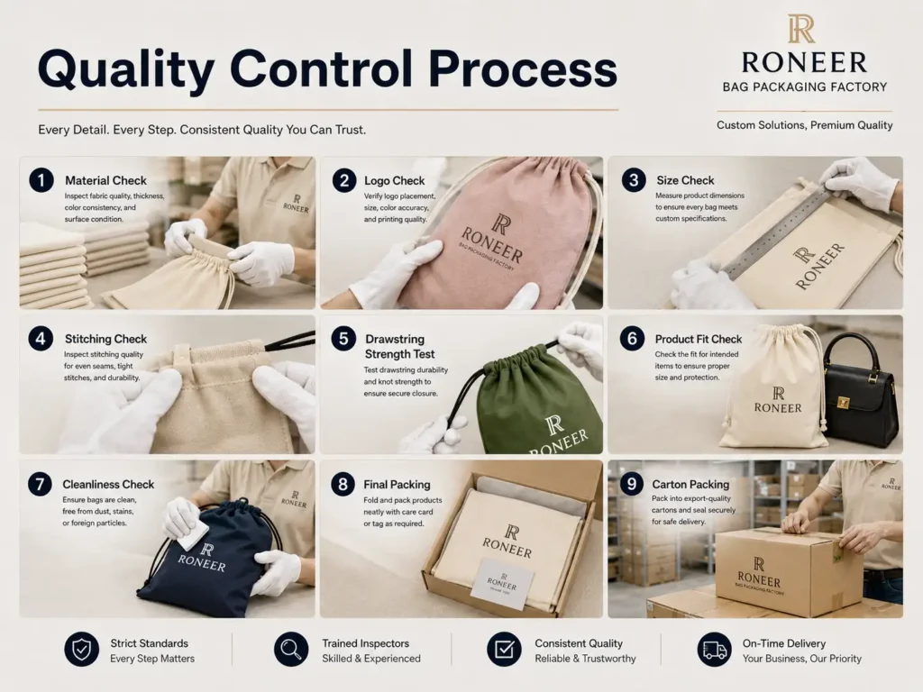 Custom dust bag packaging quality control checking logo clarity size fit stitching drawstring strength and final packing