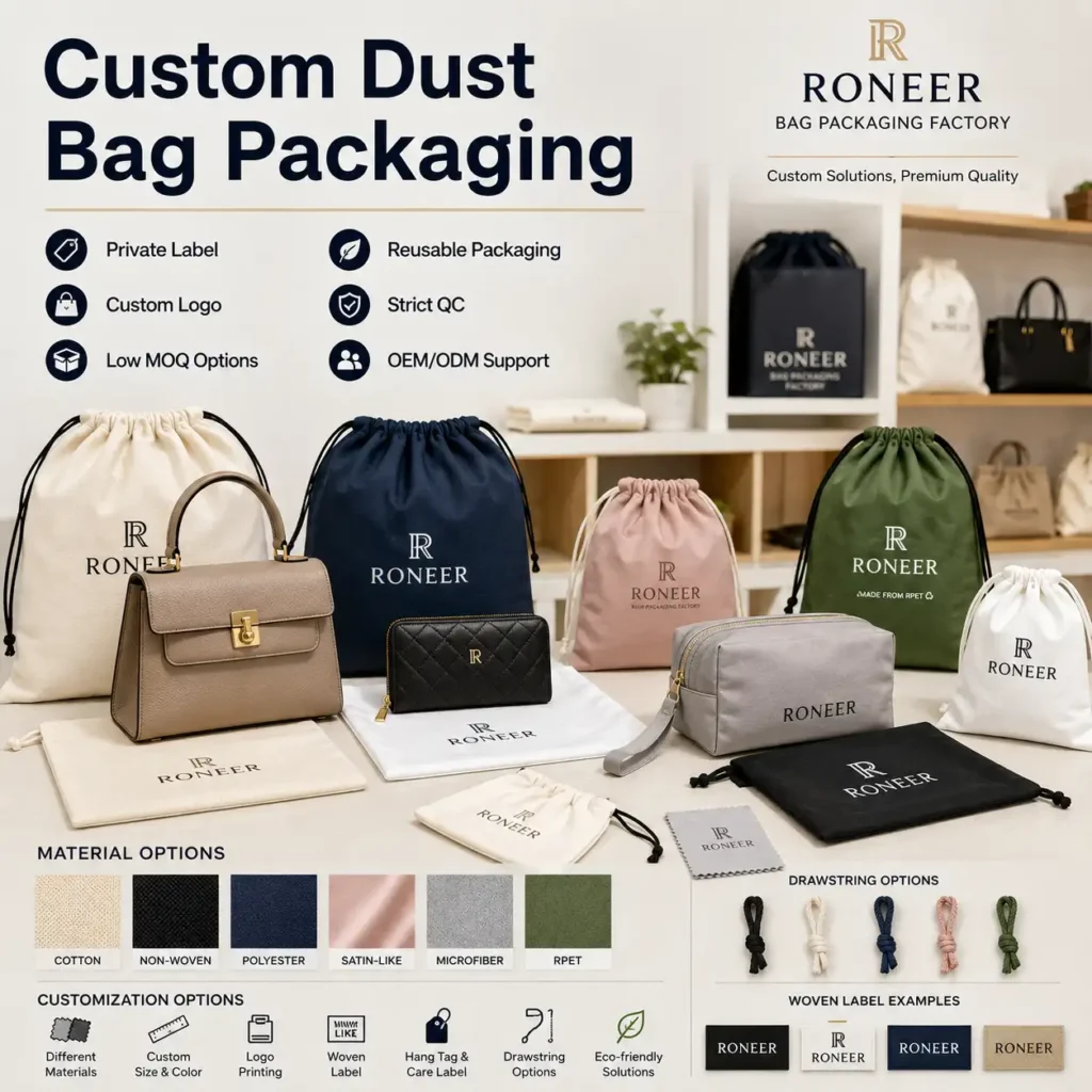 Custom dust bag packaging showing cotton non-woven polyester satin microfiber and RPET dust bags for OEM ODM bags