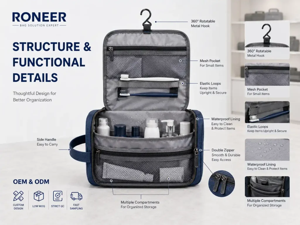 Custom hanging toiletry bag structure with mesh pockets elastic loops waterproof lining and hook