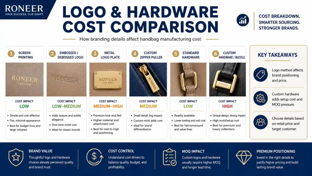 custom logo and hardware cost for handbag manufacturing
