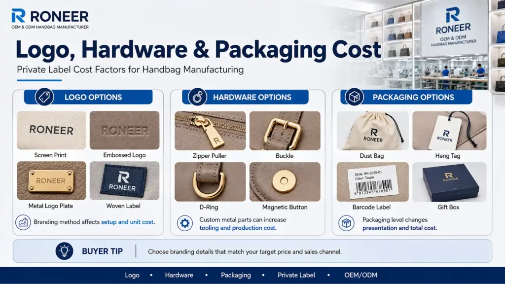 custom logo hardware and packaging cost for handbag manufacturing