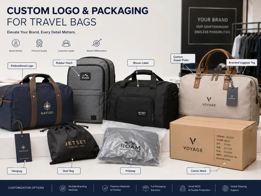 custom logo and packaging for travel bags