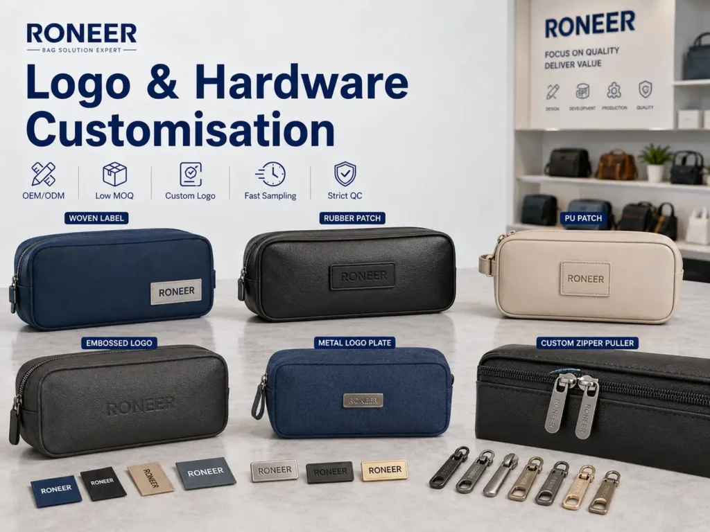 Custom logo toiletry bag options including woven label rubber patch embossing and metal logo plate