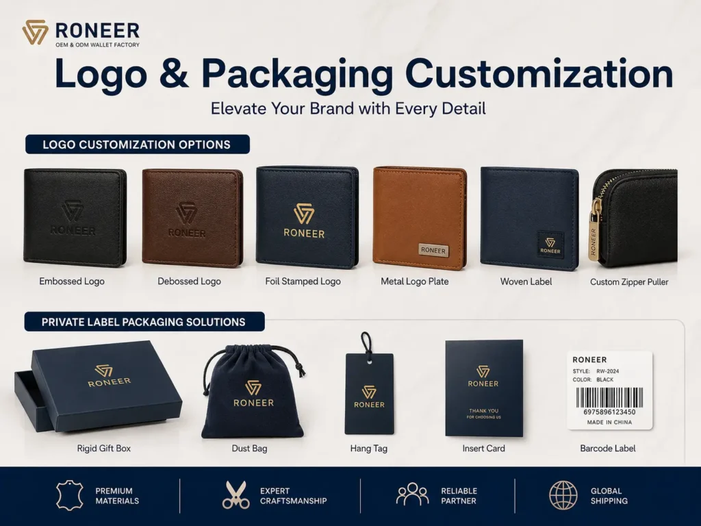 Custom logo wallet branding and private label packaging options with embossing foil stamping and gift box