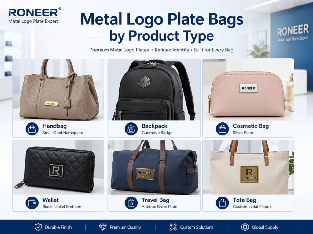 Custom metal logo plate bags by product type for handbags backpacks cosmetic bags wallets travel bags and tote bags