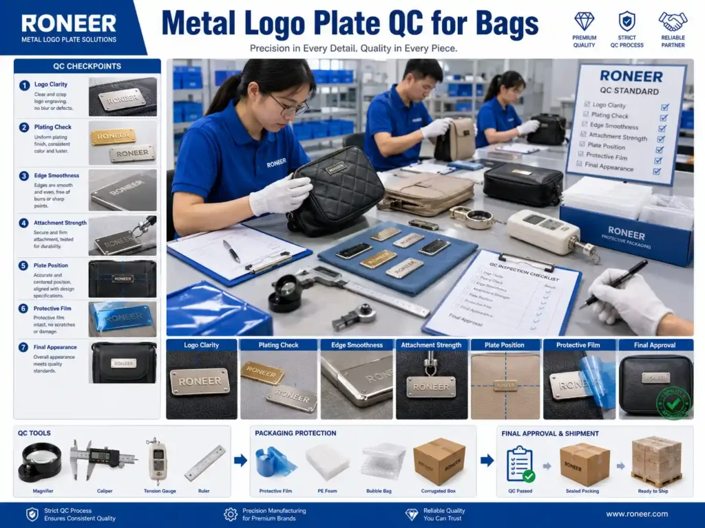 Custom metal logo plate bags quality control checking logo clarity plating finish edge smoothness and attachment strength