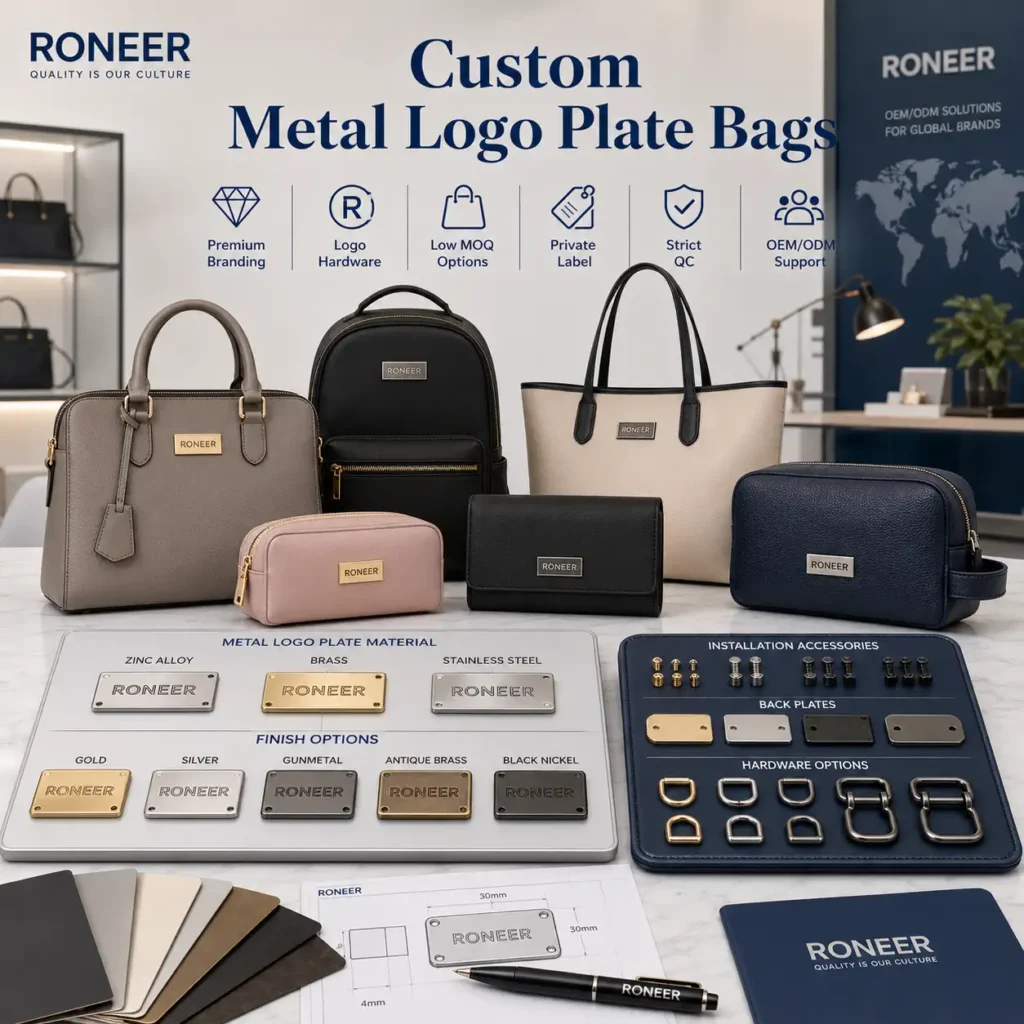 Custom metal logo plate bags showing metal logo badges hardware finishes and OEM ODM bag samples