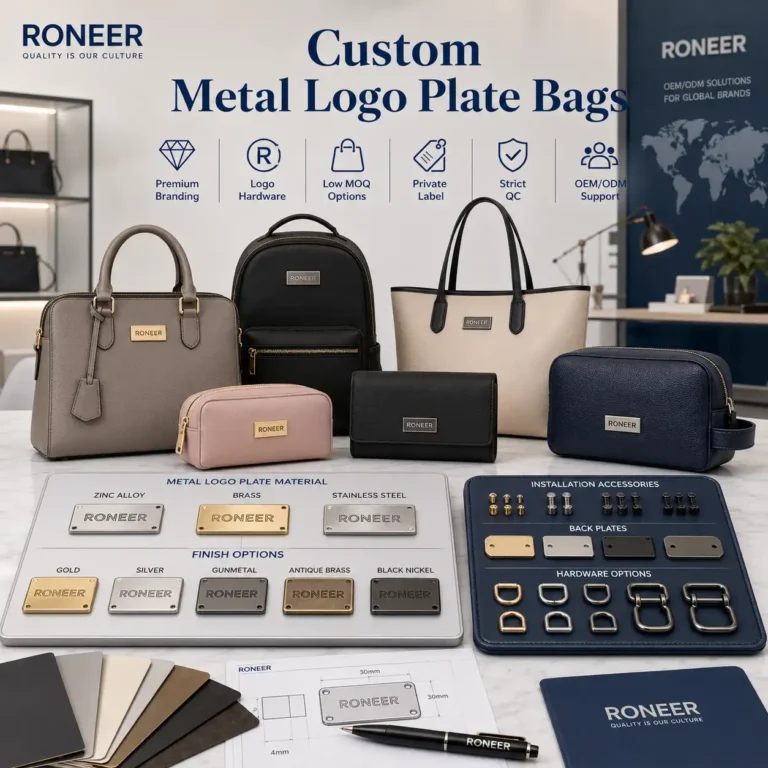 Custom metal logo plate bags showing metal logo badges hardware finishes and OEM ODM bag samples