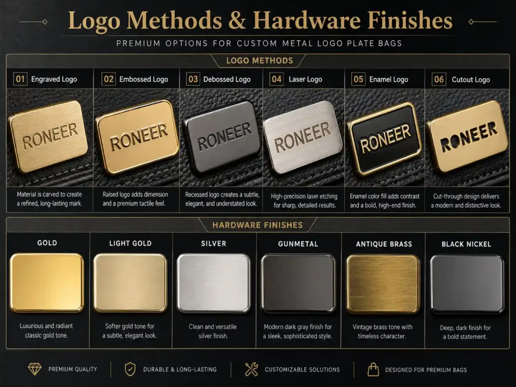 Custom metal logo plate bags by product type for handbags backpacks cosmetic bags wallets travel bags and tote bags
