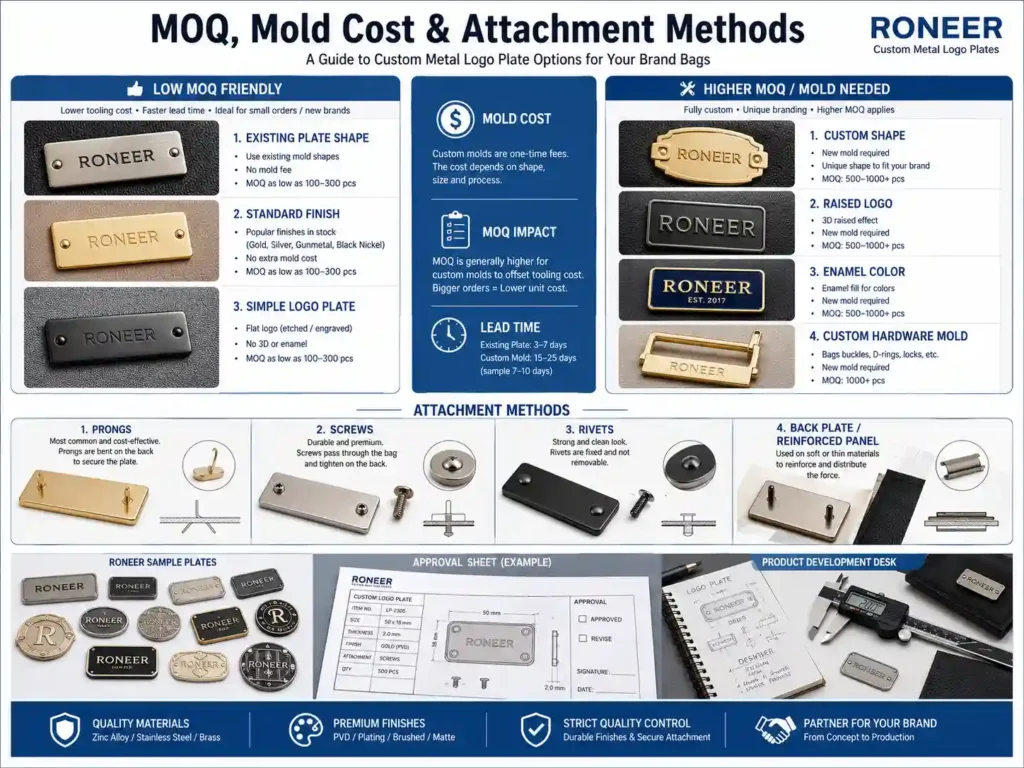 Custom metal logo plate logo methods and hardware finishes including engraving embossing laser enamel and plating