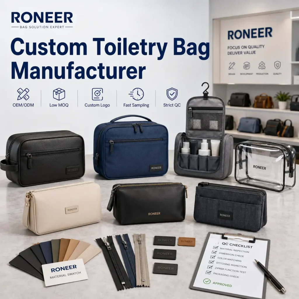 Custom toiletry bag manufacturer showing OEM ODM travel toiletry bags with custom logo and QC support