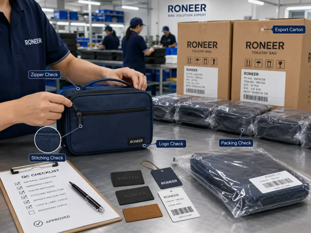 Custom toiletry bag manufacturer quality control and export packing inspection for bulk orders