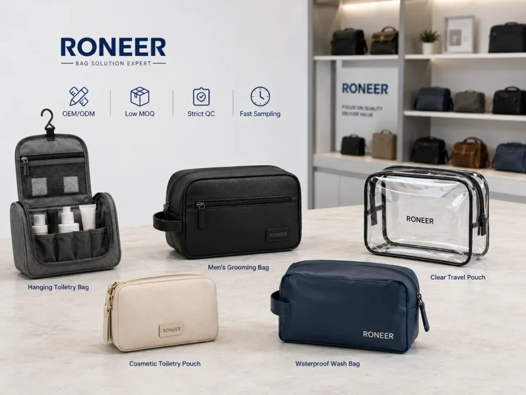 Different custom toiletry bag types including hanging toiletry bag grooming bag and clear travel pouch
