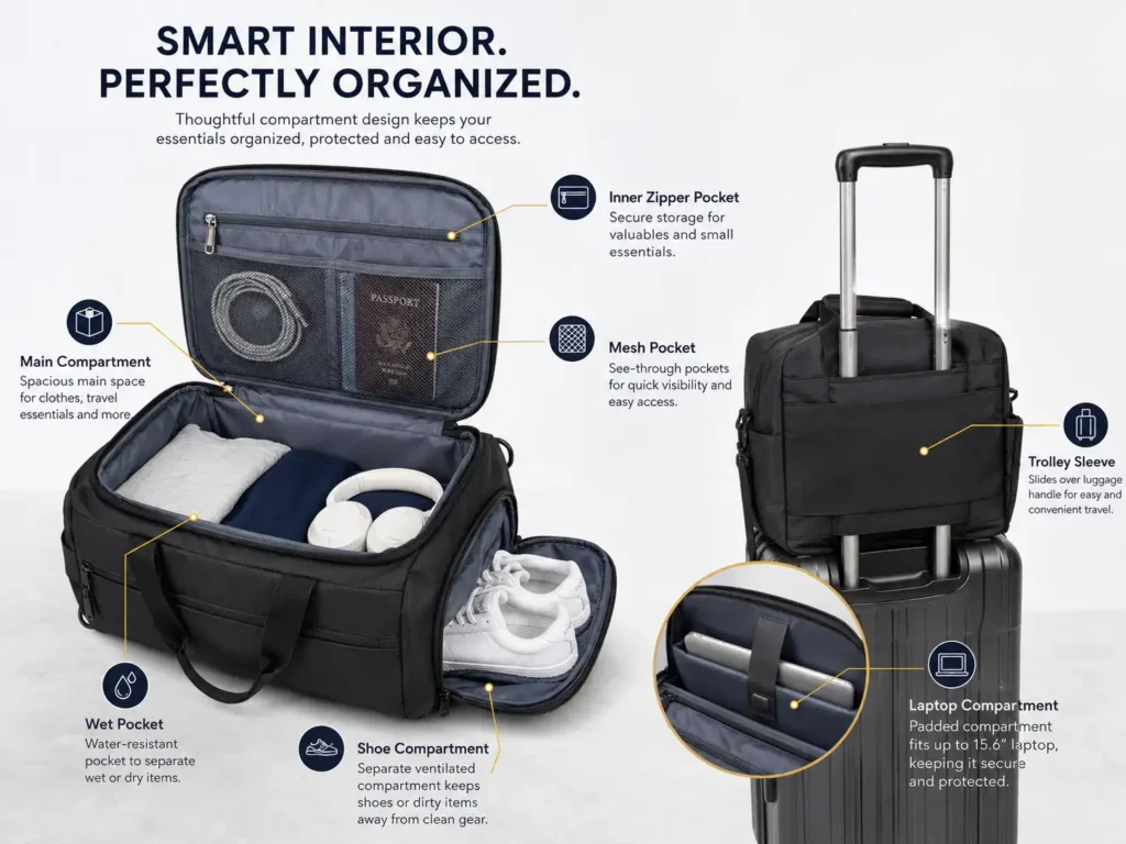 custom travel bag compartments and functional details