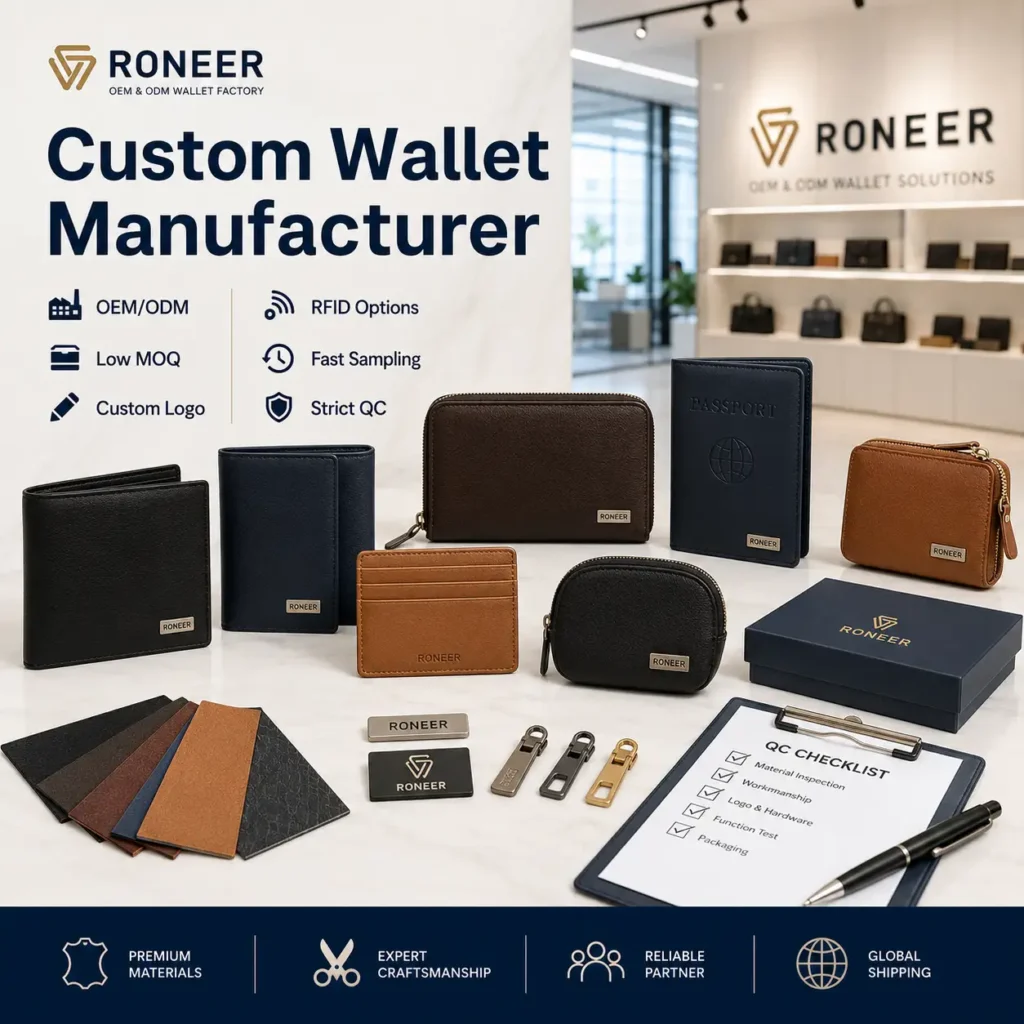 Custom wallet manufacturer showing OEM ODM wallets card holders RFID wallets and custom logo options