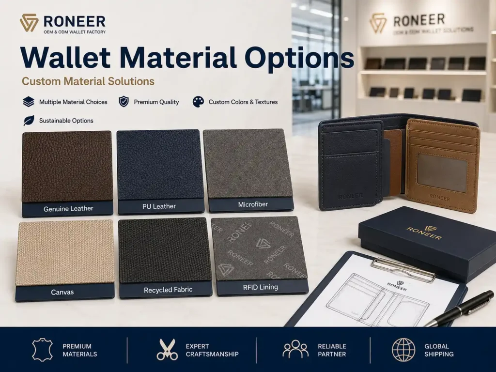 Custom wallet material options including genuine leather PU leather microfiber canvas and RFID lining