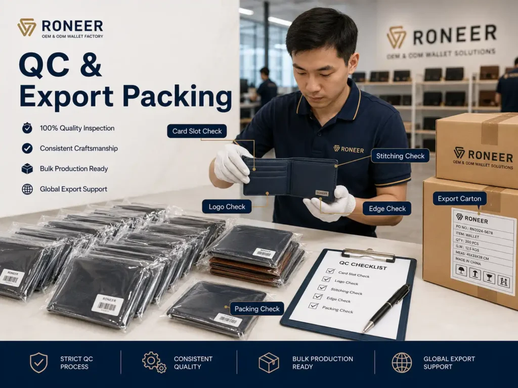 Custom wallet manufacturer quality control checking card slots logo stitching edges and export packing
