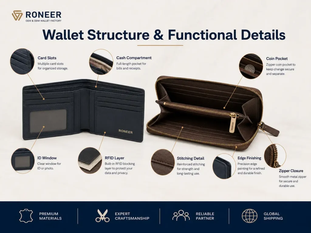 Custom wallet structure details with card slots cash compartment RFID layer zipper closure and edge finishing