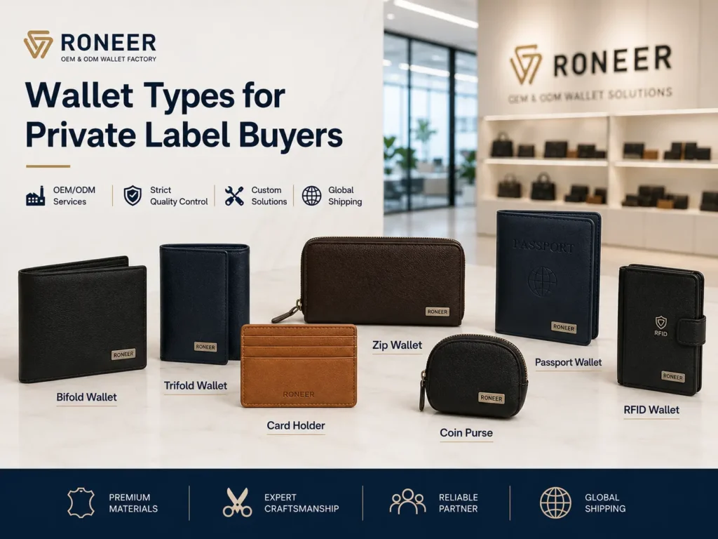 Different custom wallet types including bifold wallet card holder zip wallet passport wallet and RFID wallet