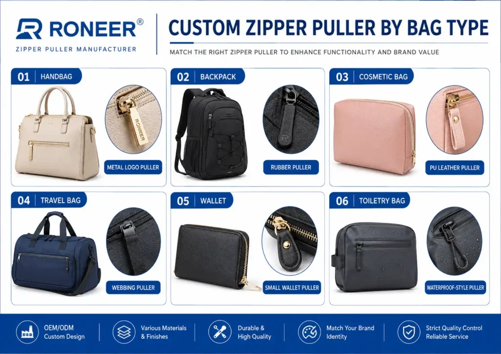 Custom zipper puller by bag type for handbags backpacks cosmetic bags travel bags wallets and toiletry bags