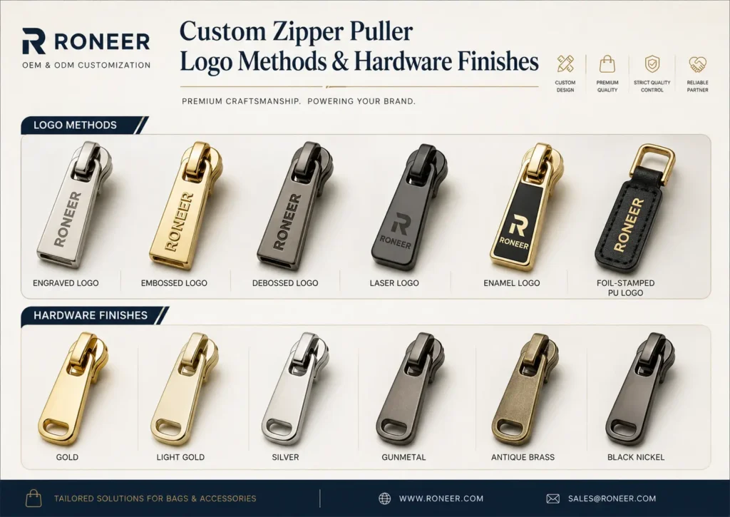 Custom zipper puller logo methods and hardware finishes including engraving embossing laser and enamel