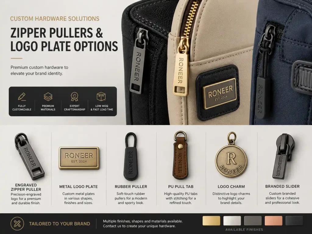 custom zipper puller and metal logo plate options