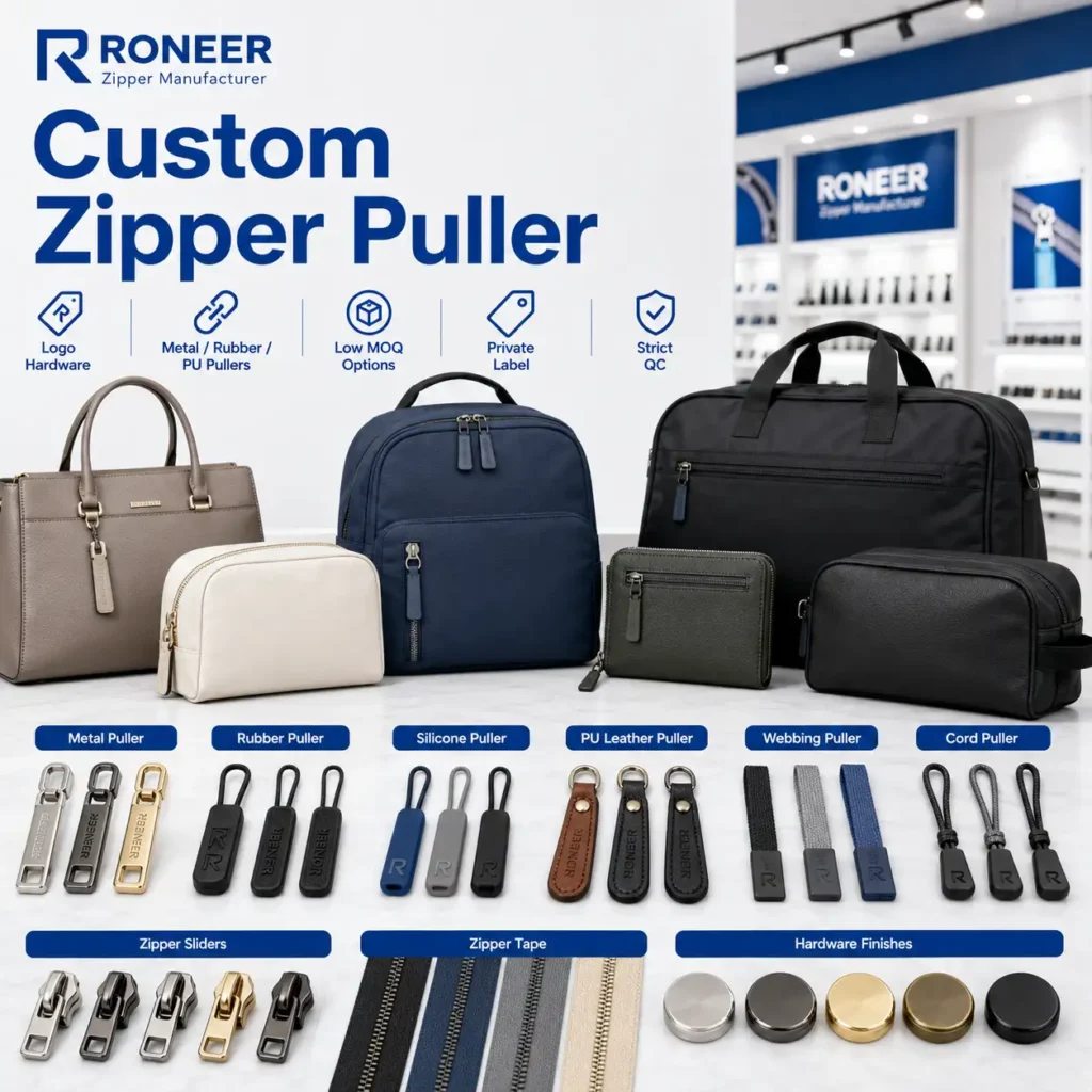 Custom zipper puller showing metal rubber silicone PU leather and webbing pullers for OEM ODM bags