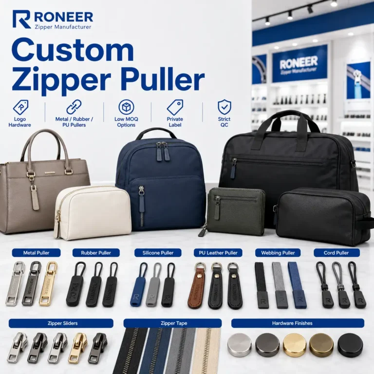 Custom zipper puller showing metal rubber silicone PU leather and webbing pullers for OEM ODM bags