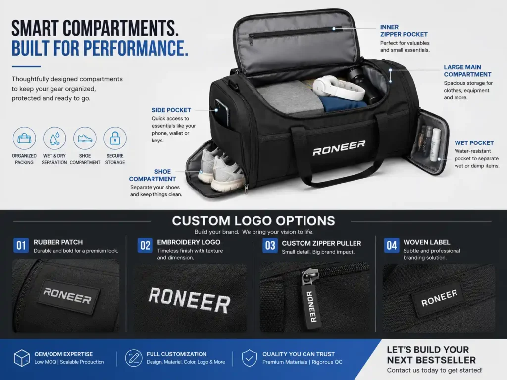 duffel bag compartments and custom logo options