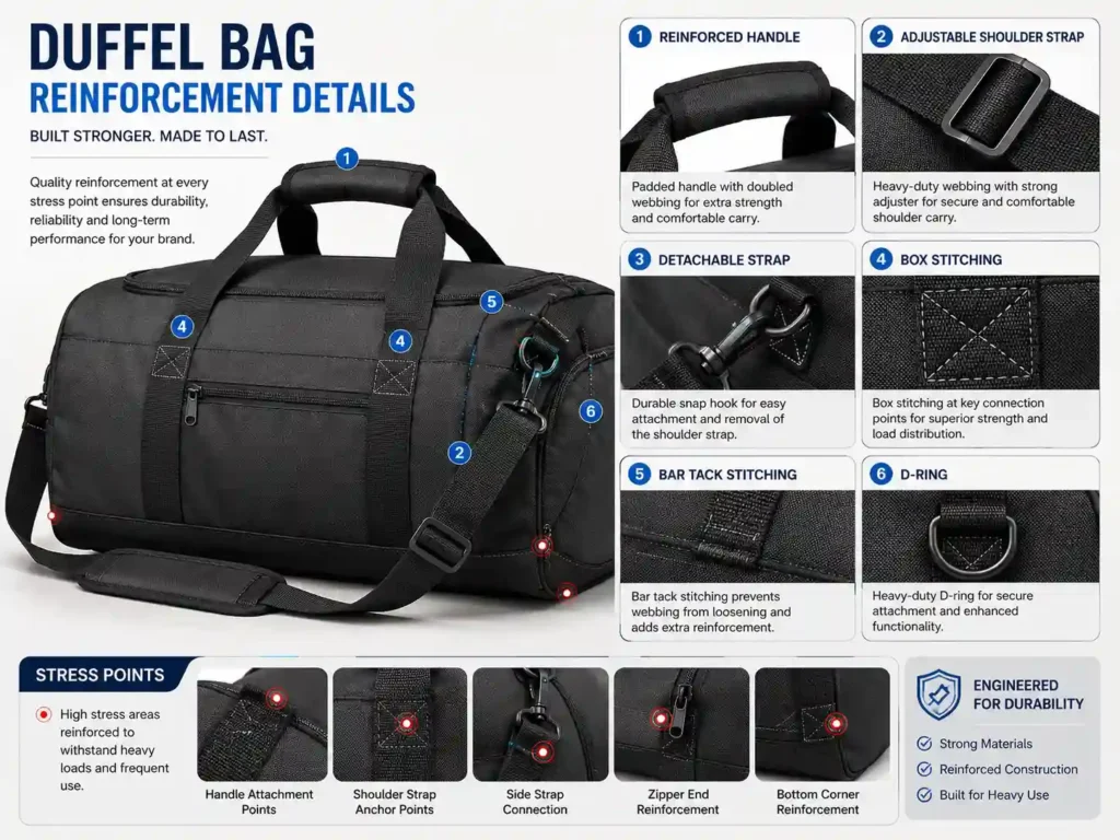 duffel bag handle and strap reinforcement details