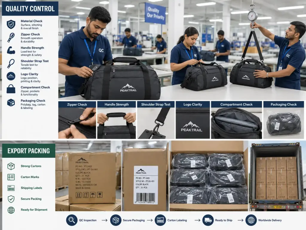 duffel bag quality control and export packing inspection