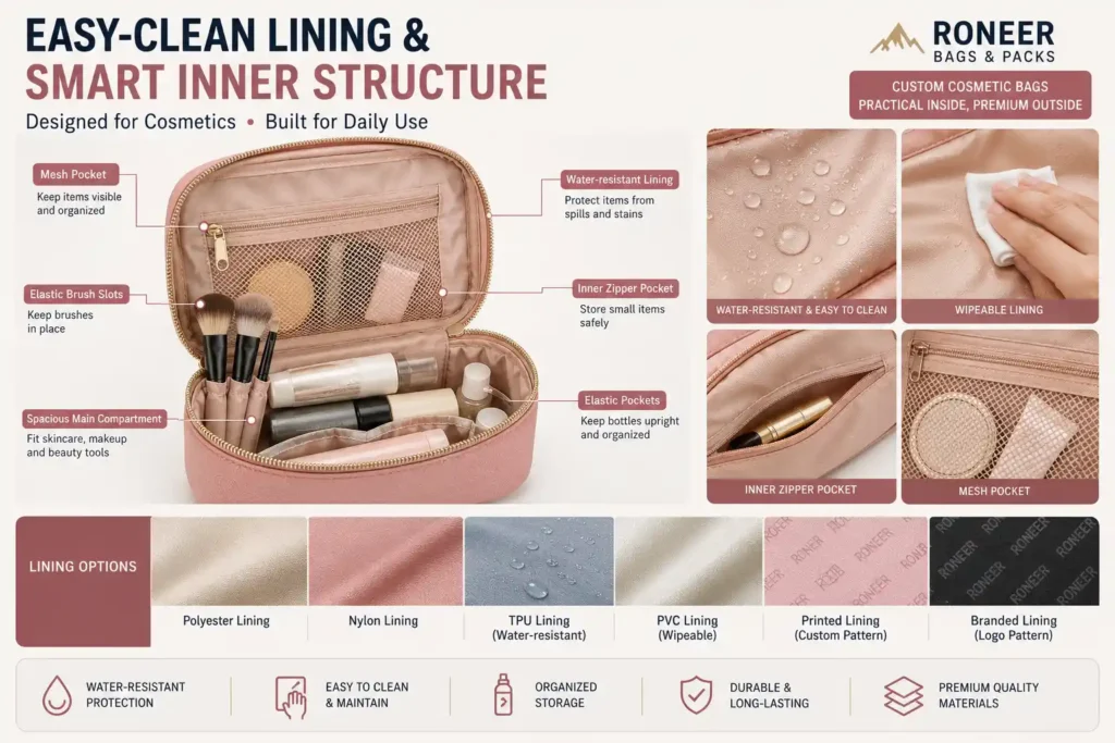 easy clean lining for custom cosmetic bags